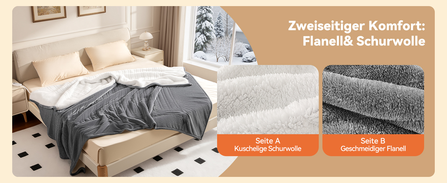 Електрична ковдра з автовимкненням та 9 зон нагріву 200x180 см, таймер 1-9 год з функцією пам'яті, швидкий нагрів та рівномірний розподіл тепла, двостороння фланель та штучне хутро