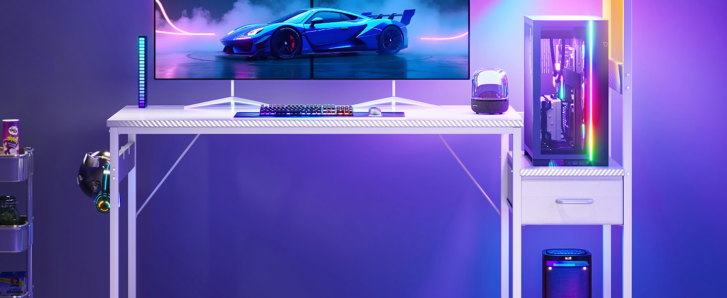 Ігровий стіл Coleshome з LED підсвіткою, білий (Carbon Fiber), 138x48 см: стіл для комп'ютера з ящиками, полицею та тримачем для навушників