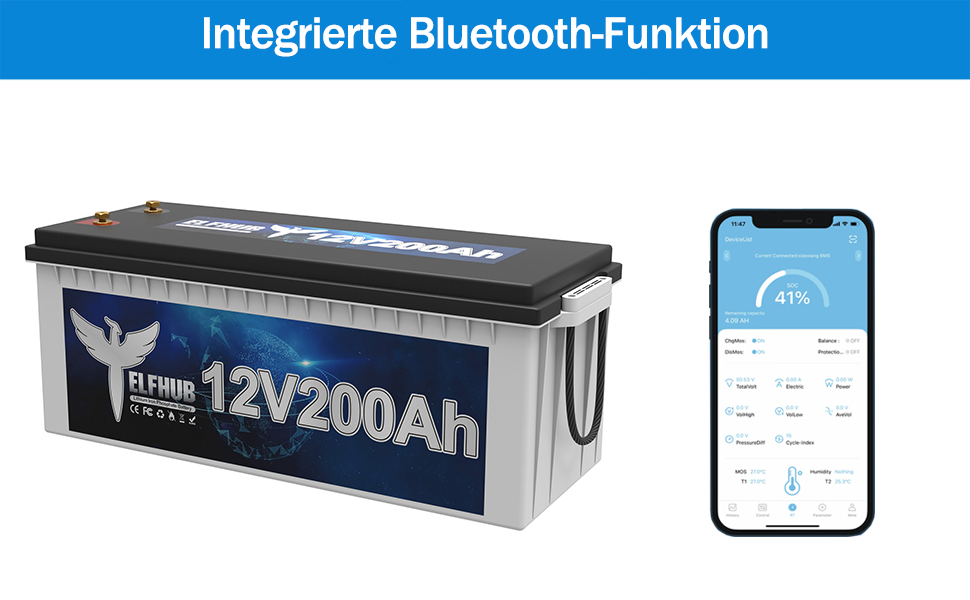 Акумуляторна батарея Elfstroke 12V 200Ah LiFePO4 з вбудованим Bluetooth 200A BMS, літієвою батареєю глибокого циклу 2560 Втгод, 4000 циклів, ідеально підходить для автофургону, сонячного причепа, човна та кемпінгу 12V 200Ah з Bluetooth