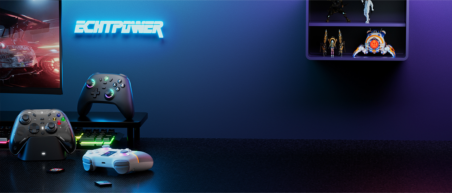 Ігровий бездротовий контролер ECHTPower для PC, Switch, Steam Deck, Android, iOS — RGB-підсвітка, Hall-джойстики, Turbo, вібрація, акумулятор 800mAh, чорний