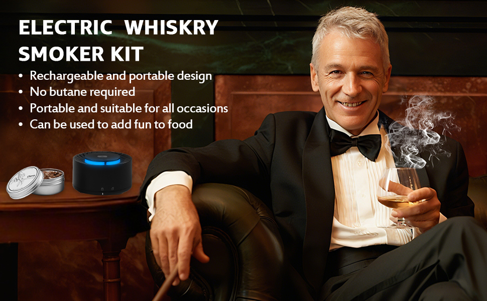 Електричний набір для копчення віскі з LED-підсвічуванням, 6 ароматів деревини, без бутану, перезаряджається, вінтажний, барний аксесуар, подарунок для чоловіків, батька, чоловіка