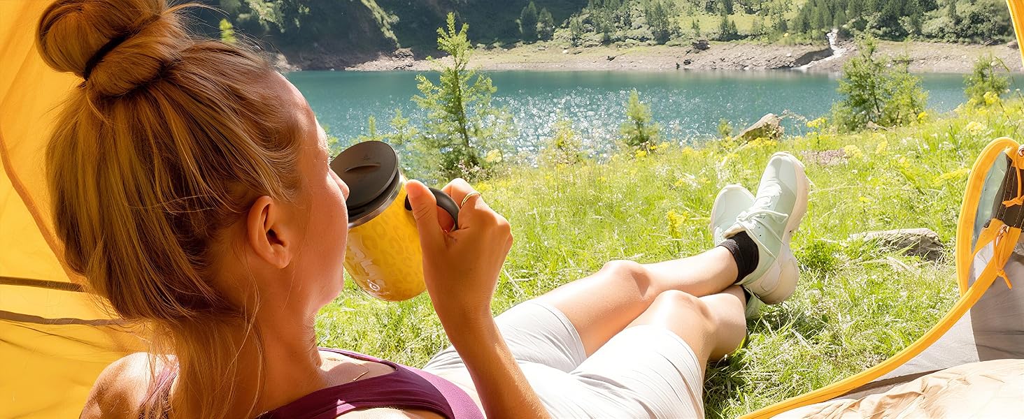 Кружка для кави та чаю Ideus 470 мл з нержавіючої сталі, подвійні стінки, ізольована, з неслизьким ручним тримачем та кришкою-модулем, великий об'єм, колір: трав'яний зелений