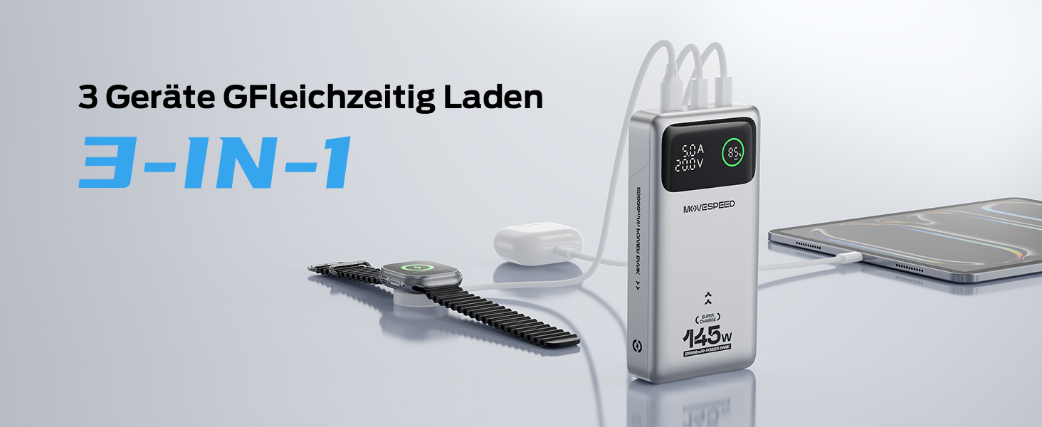 Power Bank MOVESPEED 145W 25000mAh з 3 USB-портами, PD 3.1, Digital Display - для ноутбуків, iPhone, Galaxy, iPad