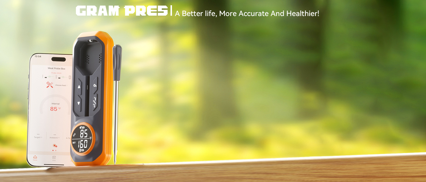 Бездротовий термометр для м'яса, цифровий кухонний термометр з бездротовим зондом, дальність 150 м, термометр для продуктів, сумісний з iOS & Android, попередньо запрограмовані температури для BBQ, духовки