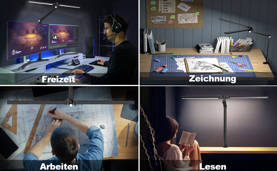 Лампа для столу Hapfish LED з кріпленням, 24W, подвійний насадка, світлодіодна лампа для монітора, широке та яскраве освітлення, 5 режимів кольору та 5 рівнів регулювання яскравості, денне світло, диммування для офісу, дому, дітей (з багатоосьовим шарніром)