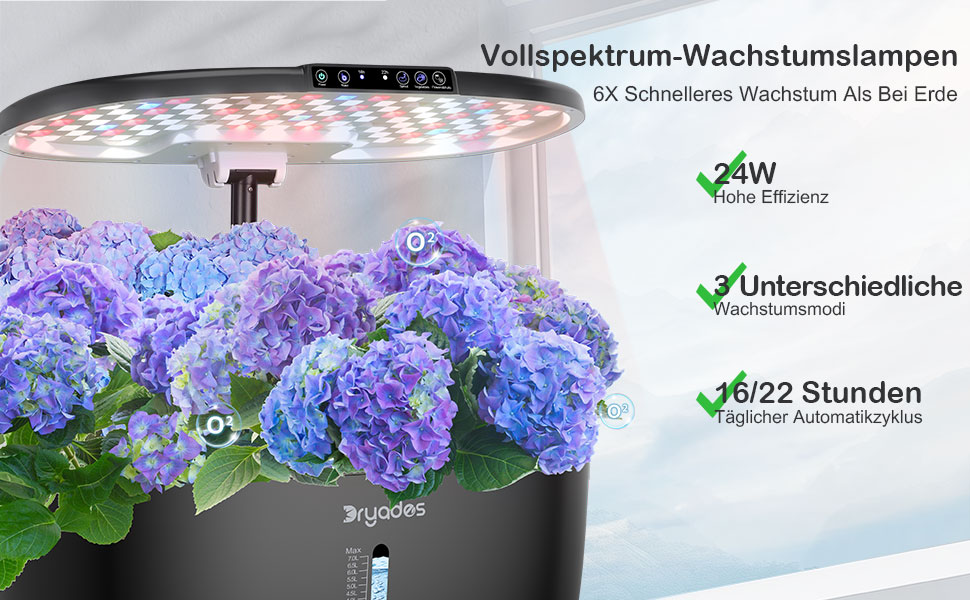 Гідропонна система вирощування: 8 горщиків, 24W LED лампа повного спектру з сигналом про нестачу води | Внутрішній сад для кухні, вітальні, школи | Подарунок для любителів садівництва (16 горщиків - Чорний)