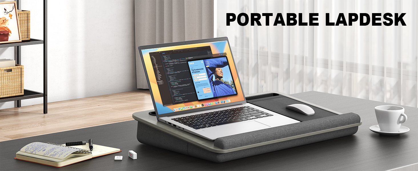 Підставка для ноутбука PUTORSEN для ліжка - регульована висота, з підставкою для миші та підтримкою для зап'ястя. Підходить для ноутбуків до 17,3 дюймів, Lapdesk з вирізом для планшета та телефону, сірого кольору