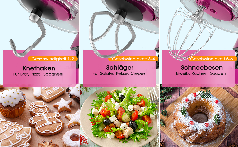 Кухонна машина Facelle 1500W з нержавіючою чашею 6.2 л, 6 швидкостей, комплектом насадок (міксер, гак для тіста, вінчик, сплеск-захист), фіолетовий колір