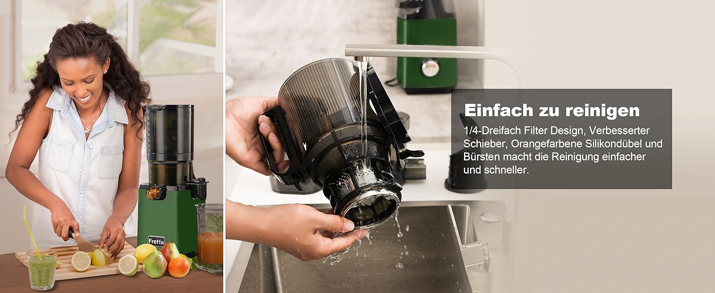 Фреш-прес Fretta Slow Juicer: Швидкий та зручний соковичавник з нержавіючої сталі для овочів та фруктів, 135 мм, 1.8 л, з функцією реверсу, 250W (Темно-зелений)