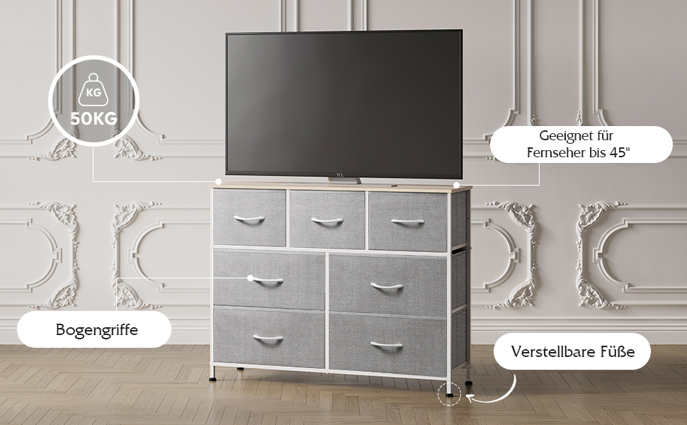 Комод WLIVE з тканини, 7 висувних ящиків, сірий - для спальні, вітальні