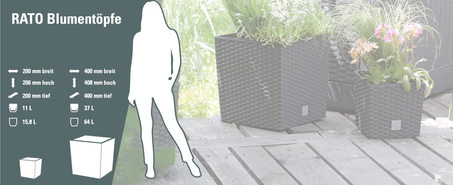 Квадратний горщик для квітів Prosperplast Rato, антрацит, 64 л, 39x39x40,5 см