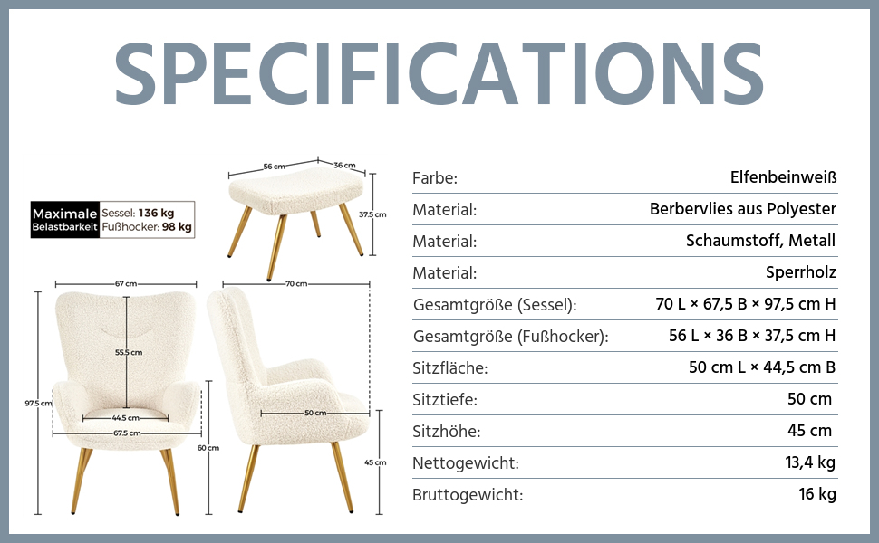 Крісло-мішок Yaheetech з пуфом, біле, з м'якою оббивкою з поліестеру. Крісло для відпочинку, телевізора, коктейлів.