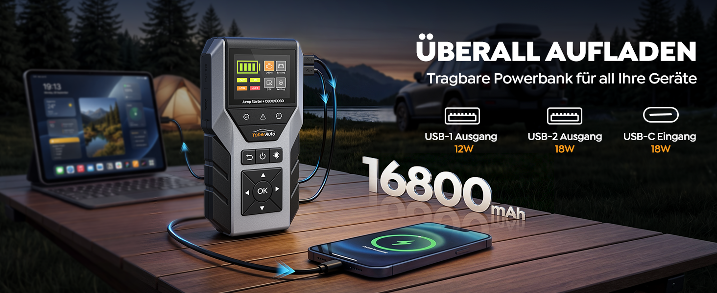 Пусковий пристрій YaberAuto Jump Starter 7000A з OBD2 діагностикою та тестером акумулятора, Powerbank 16800mAh для бензинових та дизельних авто (до 10л), з LED-ліхтарем