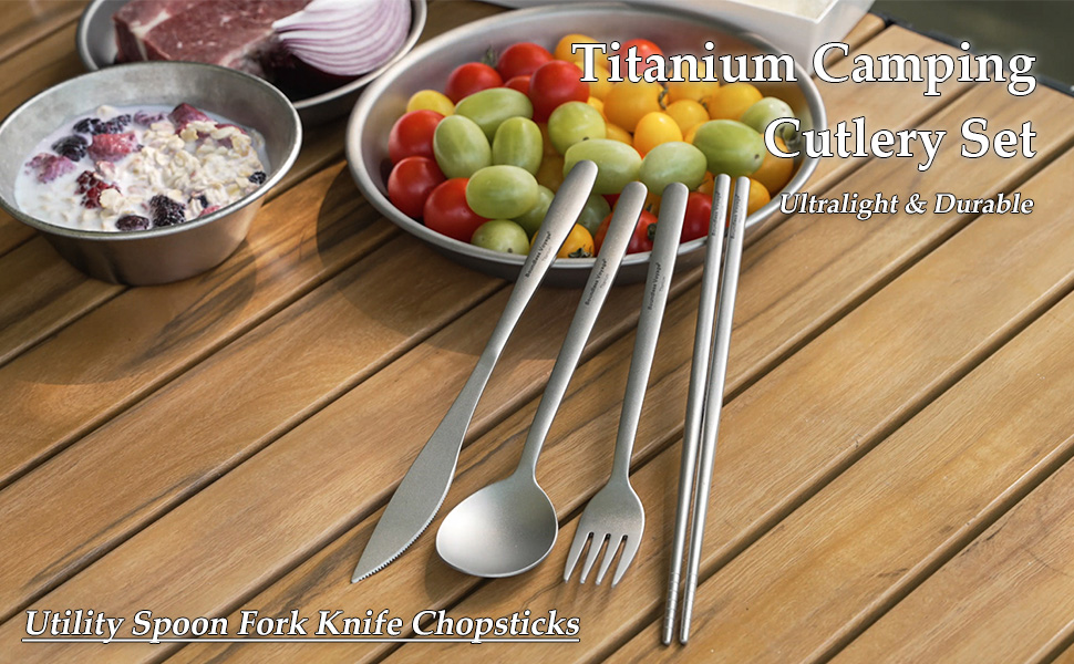 Набір столових приладів iBasingo Titan для кемпінгу: ложка, виделка, ніж, палочки для їжі. Металевий набір для відпочинку та подорожей Ti1056T
