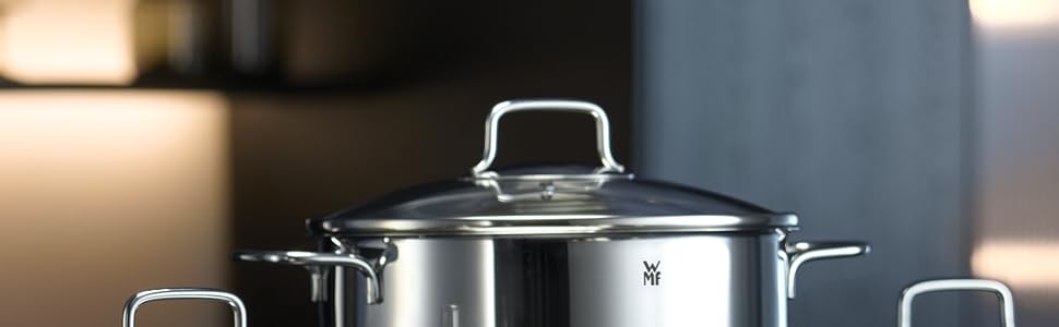 Каструля для пасти WMF з ситом 24 см для індукції, об'єм 7л, зі скляною кришкою, нержавіюча сталь Cromargan, полірована