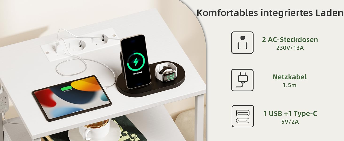 Нічний столик Somdot з LED, USB та Type-C, 2 висувні ящики, штучна шкіра, білий (30x40x60 см)