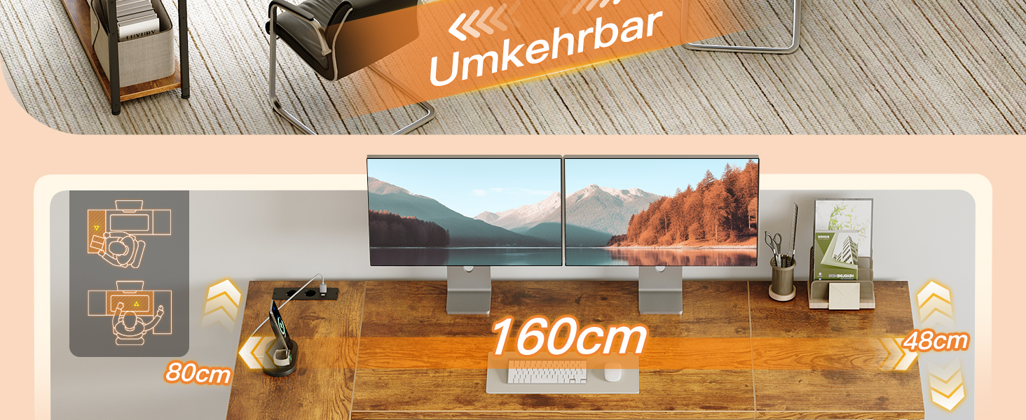 Кутовий письмовий стіл Coleshome з 2 шухлядами та полицею 140x80 см, з розеткою, для дому/офісу, коричневий