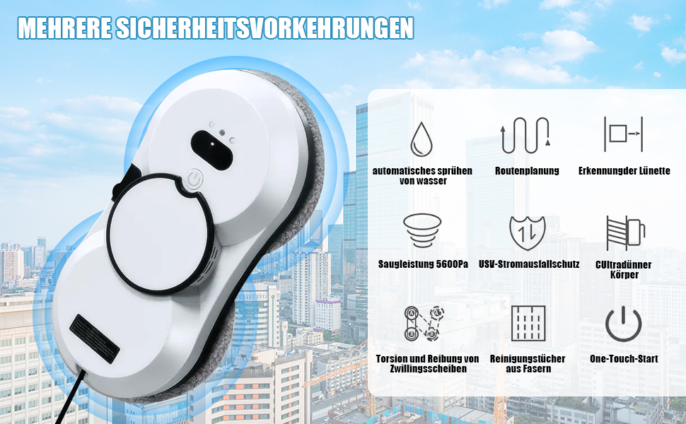 Робот для миття вікон, 5600Pa, 3 режими очищення, інтелектуальна навігація, автоматичний мийник вікон для гладких поверхонь