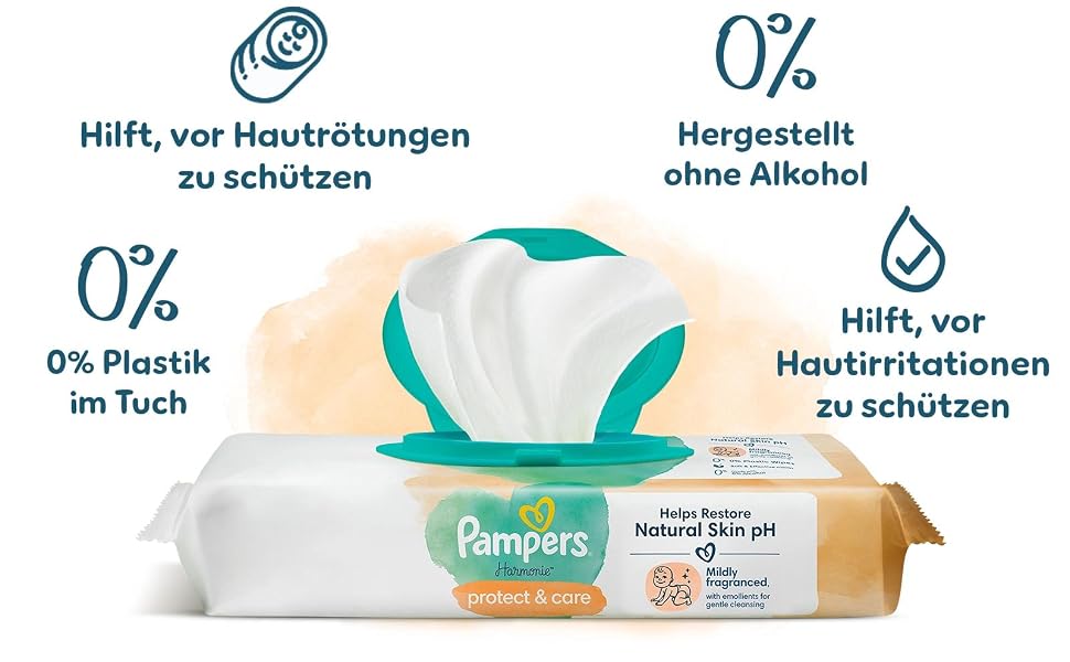 Дитячі вологі серветки Pampers Harmonie Protect & Care, без віддушок, 18 упаковок по 44 шт (792 серветки)