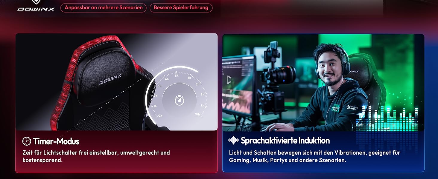 Ігровий крісло Dowinx з RGB підсвічуванням, LED крісло для геймерів з підніжкою, ергономічне крісло з масажем попереку, для дорослих, PU шкіра, білий (чорний)