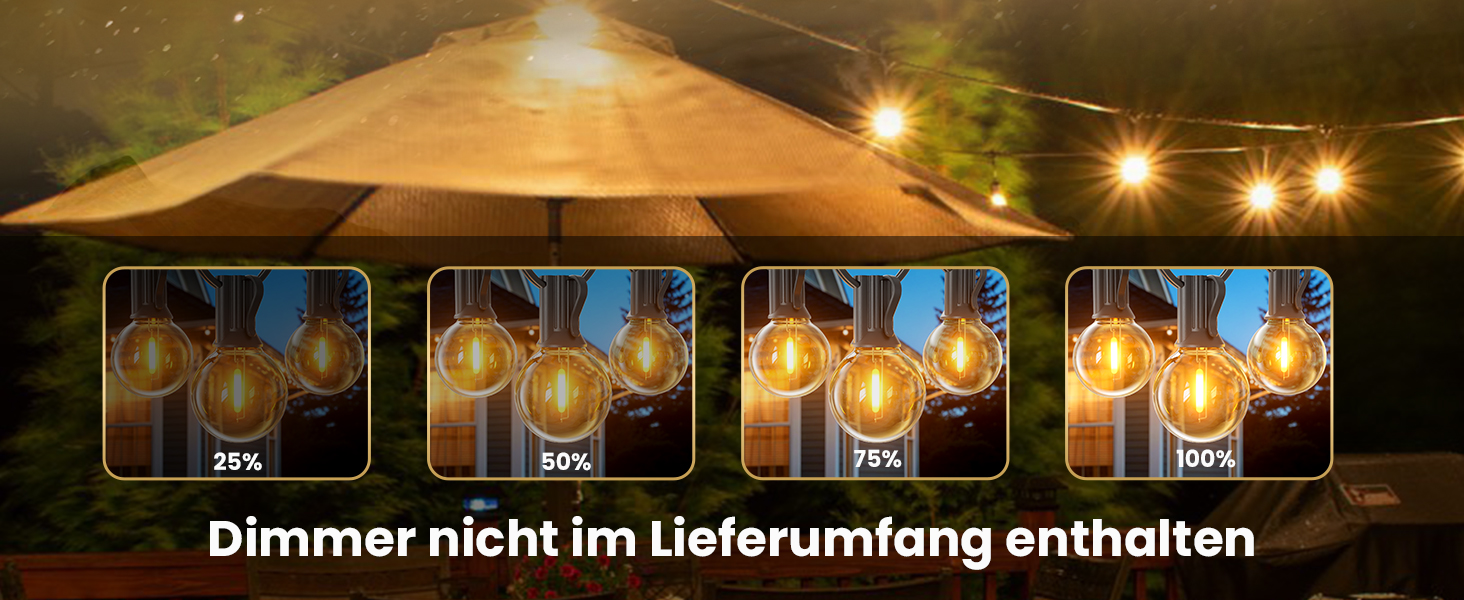 Ланцюжок прикрас для зовнішнього використання, 15м, з 25+2 LED-лампочками G40, тепле біле світло 2700K, IP65, вологостійкий, для саду, тераси, вечірок, чорний