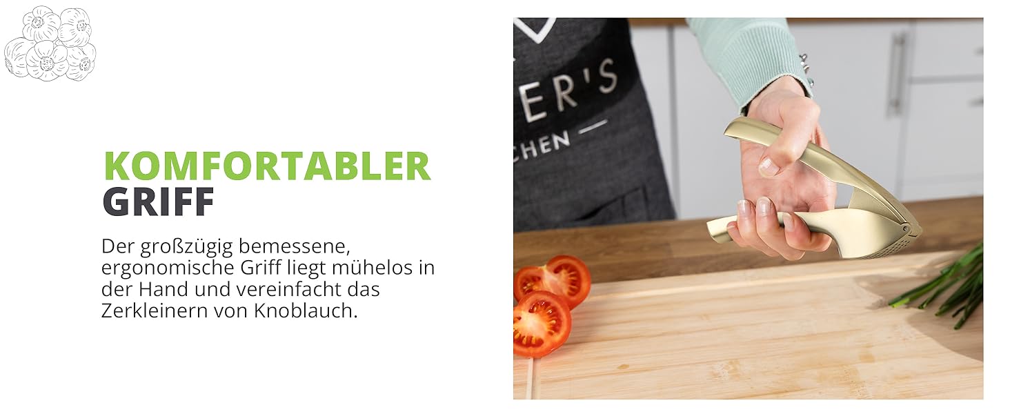 Преміум-прес для часнику Oliver's Kitchen® - зручний та легко миється - подрібнює часник та імбир без проблем (не потребує очищення) - надзвичайно міцний та зносостійкий (матова золота поверхня)