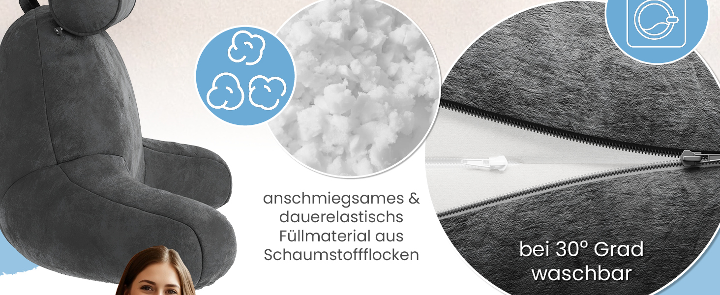 Подушка для спини ELONEO з підлокітниками – для ліжка та дивана. Зробить підтримку спини, голови та шиї більш комфортною (з роликом для шиї)