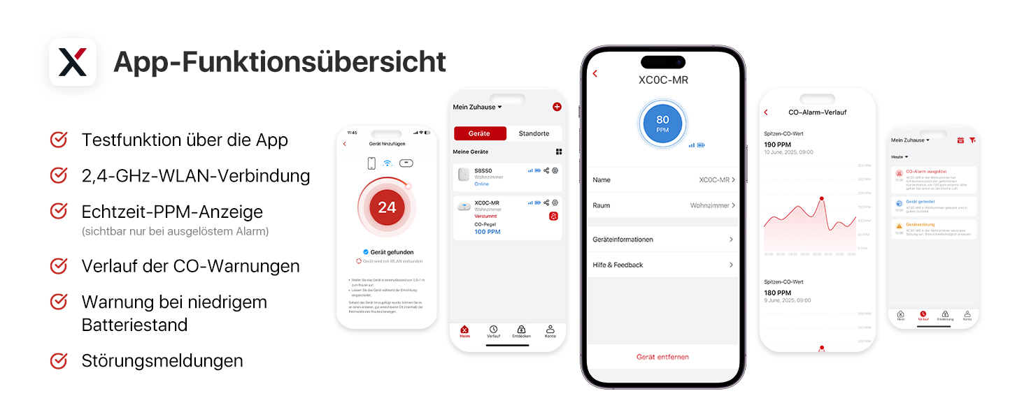 X-Sense Детектор чадного газу з цифровим дисплеєм, сертифікат TÜV Rheinland, з базовою станцією SBS50, керування через додаток, XC0C-MR11, 1 шт.