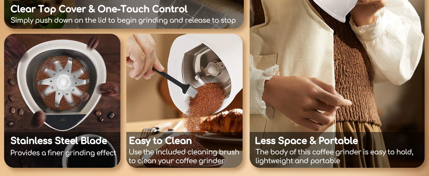 Кавомолка електрична Aigostar для кави, спецій та горіхів, нержавіюча сталь, 60г, 200 Вт, біла