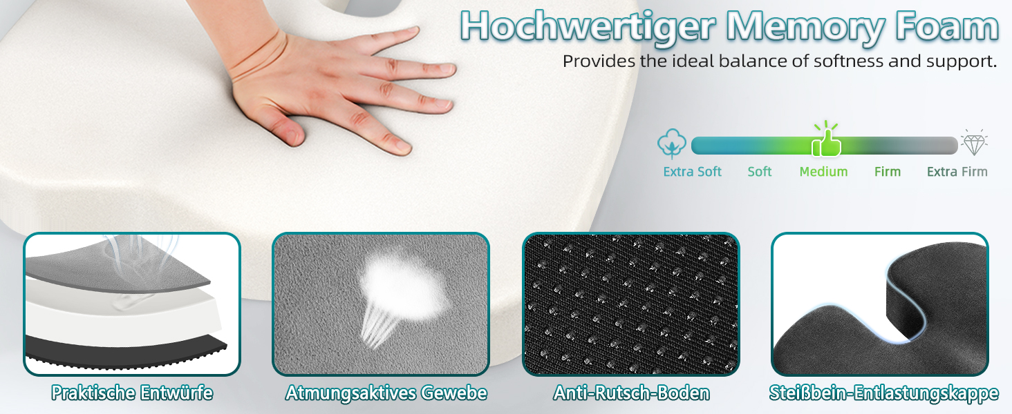 Ортопедична подушка для сидіння Ecosafeter з піною Memory Foam - для поліпшення кровообігу та полегшення болю в куприку. Ергономічна подушка для офісного, комп'ютерного стільця та інвалідного візка. Чорний колір.