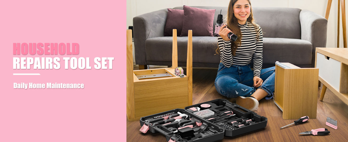 Набір інструментів Sundpey 206 предметів з акумуляторною викруткою 12V, рожевий – для дому та ремонту