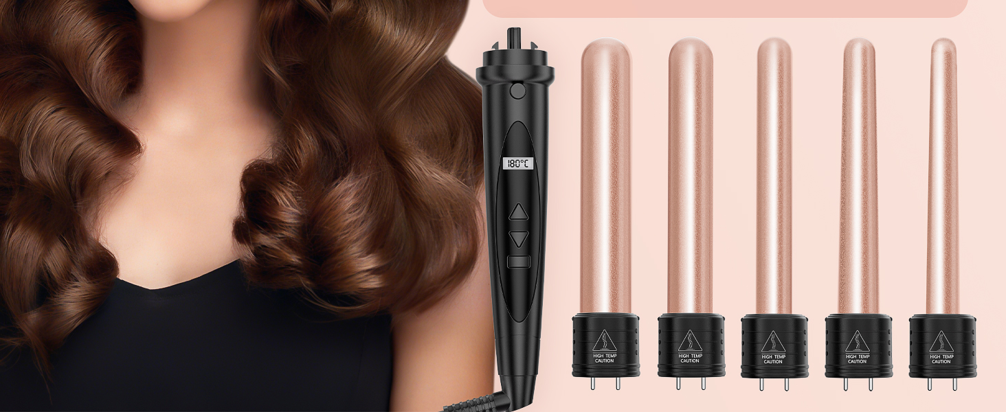 Локкенштаб NWOUIIAY 6 в 1 з LCD-дисплеєм, керамічним покриттям, набір для створення локонів, багатофункціональне змінне насадки, для великих та маленьких локонів, з рукавичками, регулювання температури (колір шампань)