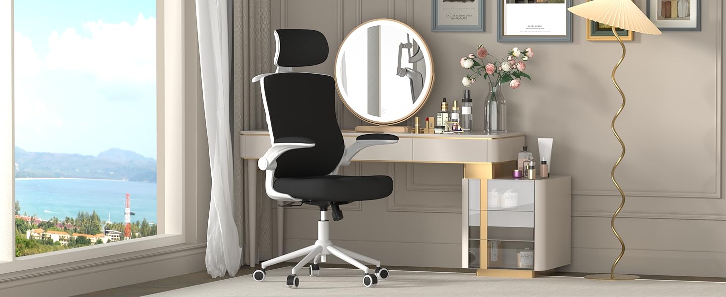 Ергономічне крісло для офісу з регульованою підголівником та поперековою підтримкою – високе офісне крісло з сітчастою спинкою та м'яким сидінням, вішалка для одягу та функцією блокування (Чорний колір з білим каркасом)