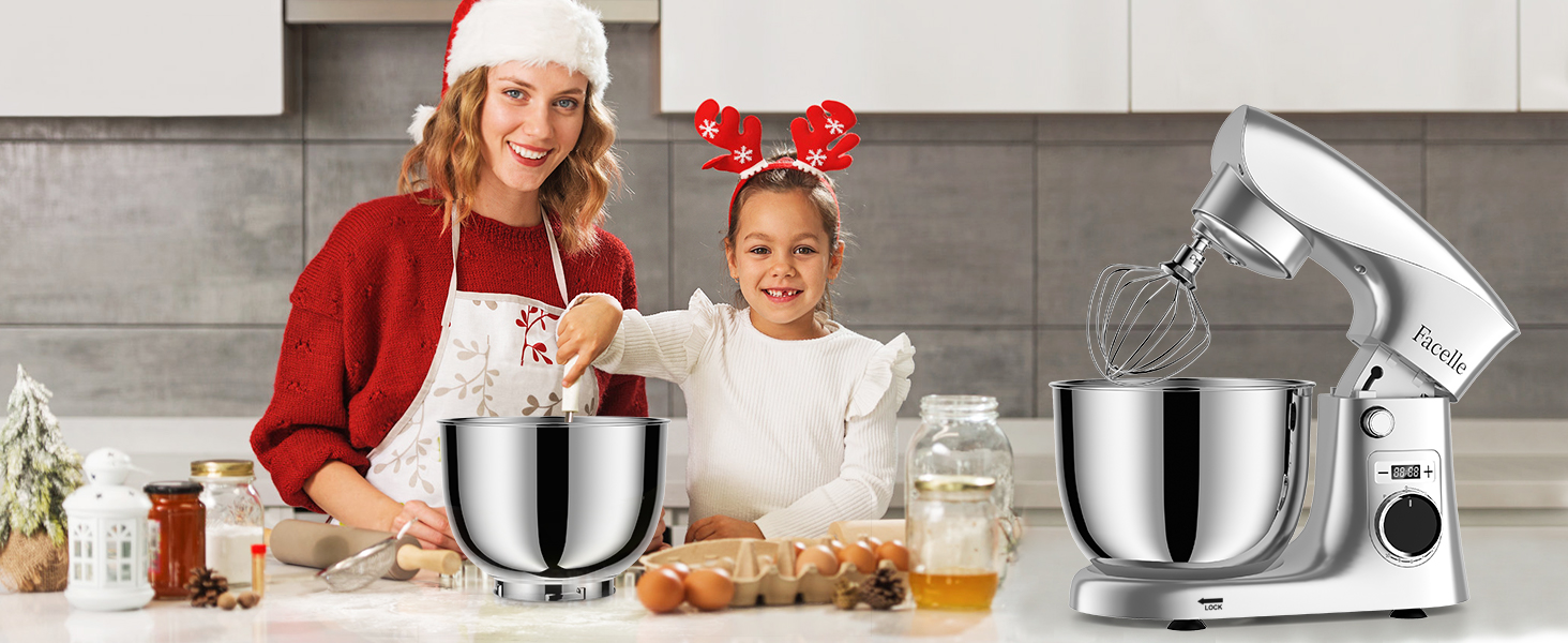 Кухонна машина-міксер Facelle 1500W з 5.5L та 4.5L чашами, 10+ програм, тиха робота, срібна
