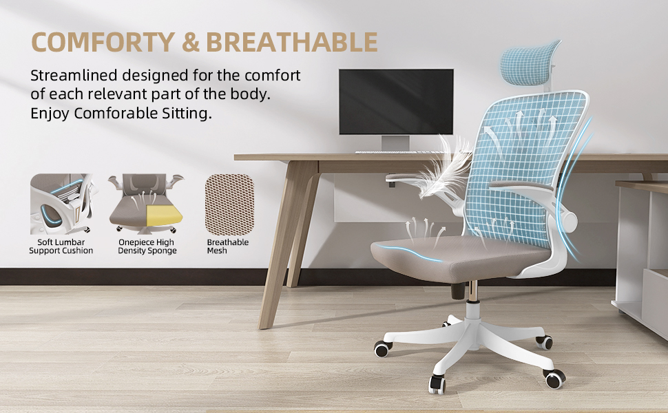 Офісний стіл Monhey: ергономічний крісло з регулюванням висоти, поворотне, з відкидними підлокітниками, дихаюча сітка, регульована підголовник та інтелектуальна підтримка попереку – для дому та офісу (01beige)