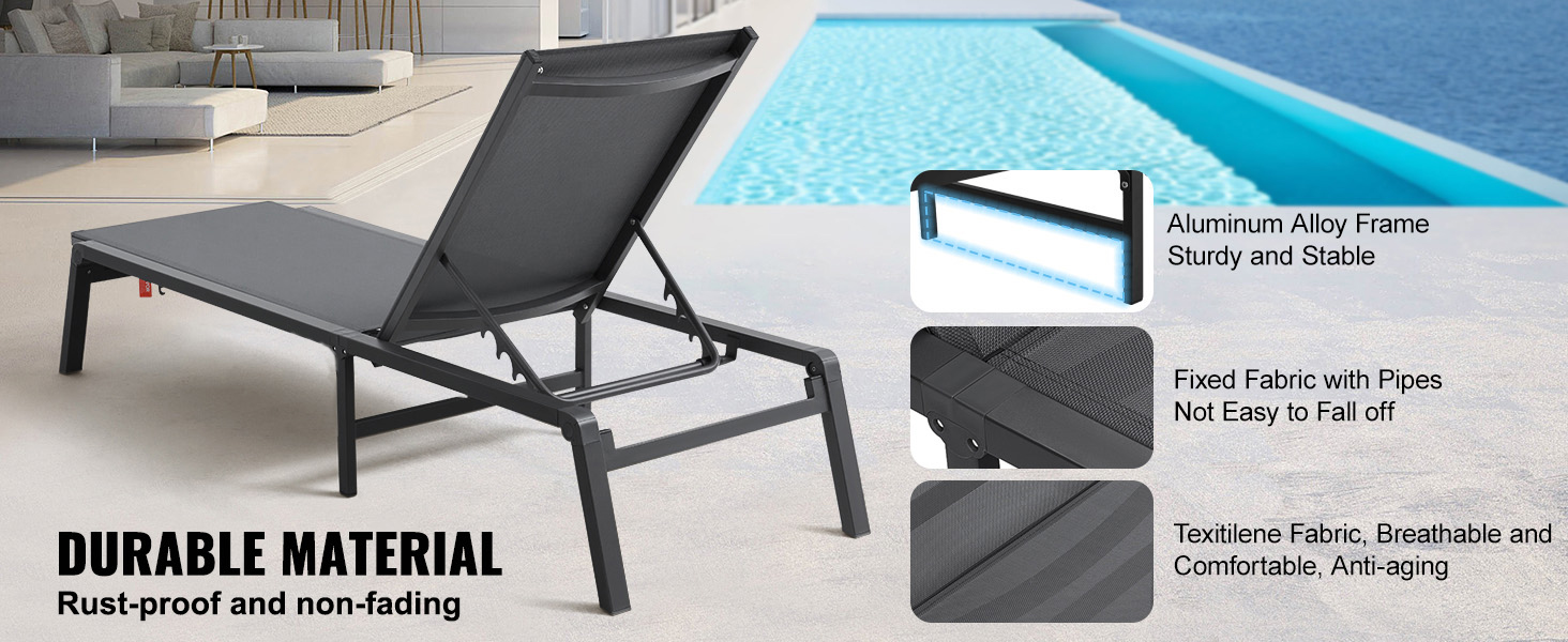 Лежак для відпочинку VEVOR, 182x60x88 см, алюмінієвий, 5 положень, для саду, тераси, пляжу, басейну, темно-сірий