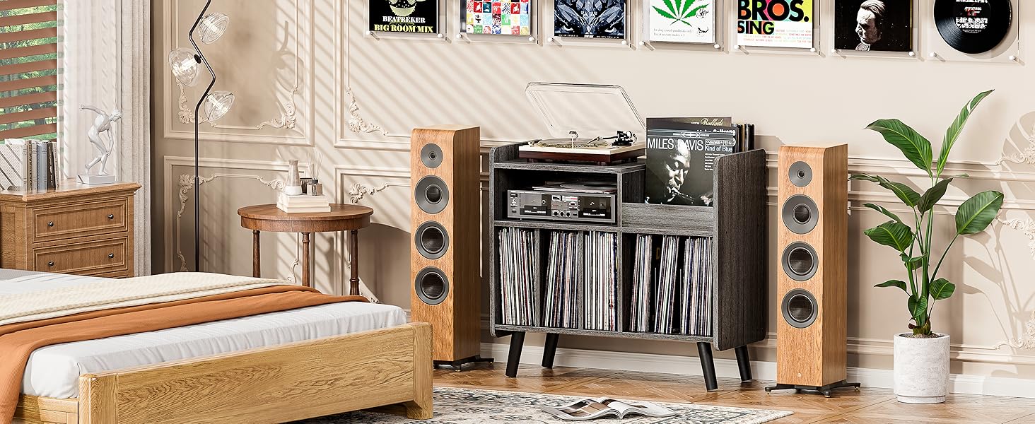 Стіл для програвача, стійка для вінілових пластинок середини століття з місцем для зберігання до 350+ альбомів, шафа для вінілу з регульованими полицями (Сірий)