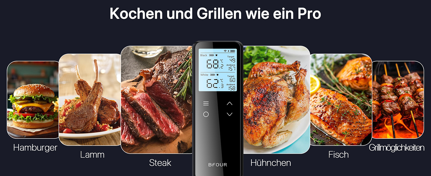 Бездротовий термометр для м'яса з Bluetooth та Wi-Fi, 2 зонди, 6 сенсорів, водонепроникний, точність ±0,1°C, для гриля, духовки, жарки – BF-80