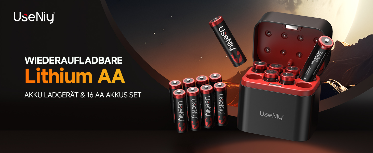 Набір акумуляторів UseNiy AA 1.5V Lithium (16 шт.) з зарядним пристроєм на 8 слотів, чорний
