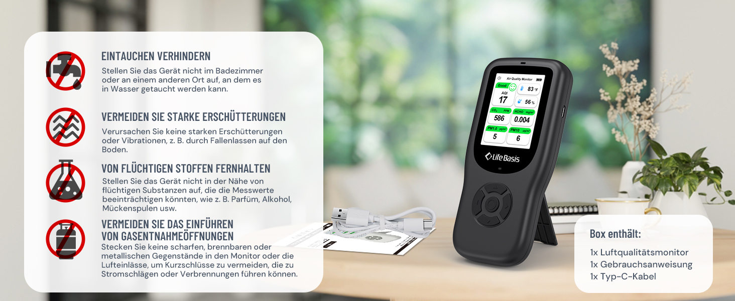 Детектор якості повітря LifeBasis 10 в 1: формальдегід, AQI, PM2.5/PM10, HCHO, TVOC, CO2, температура, вологість. USB зарядка для дому та офісу
