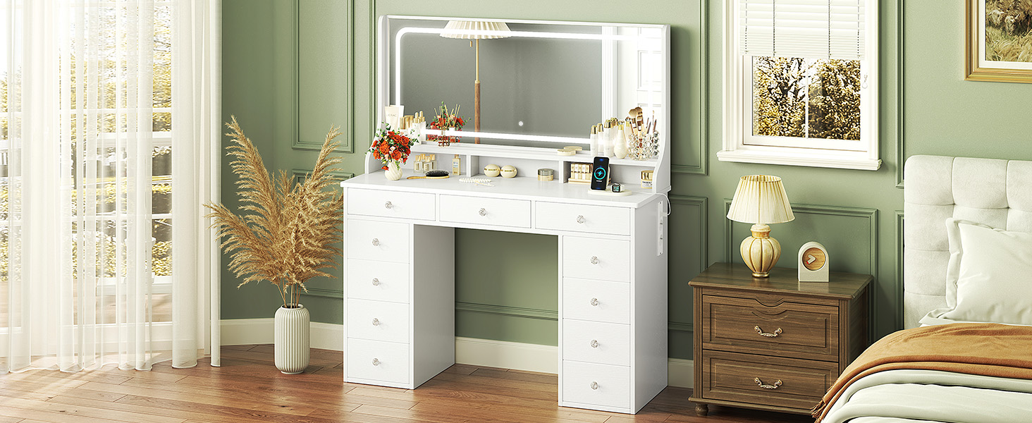 Діплекс туалетний столик з підсвіткою, 110 см, з 11 шухлядами та LED-дзеркалом, білий. Сучасний туалетний столик для спальні та гардеробної