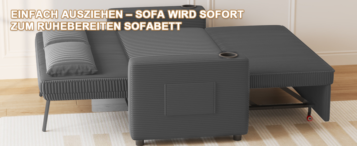 Диван-ліжко JUMMICO 2-місний розкладний сірий з подушками та підсклянниками для вітальні та спальні 75x160x93 см