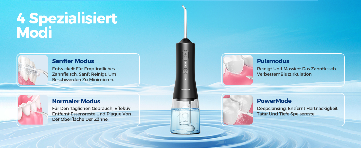 Ірригатор для порожнини рота Operan Munddusche Black - бездротовий, портативний, 300 мл, 4 насадки