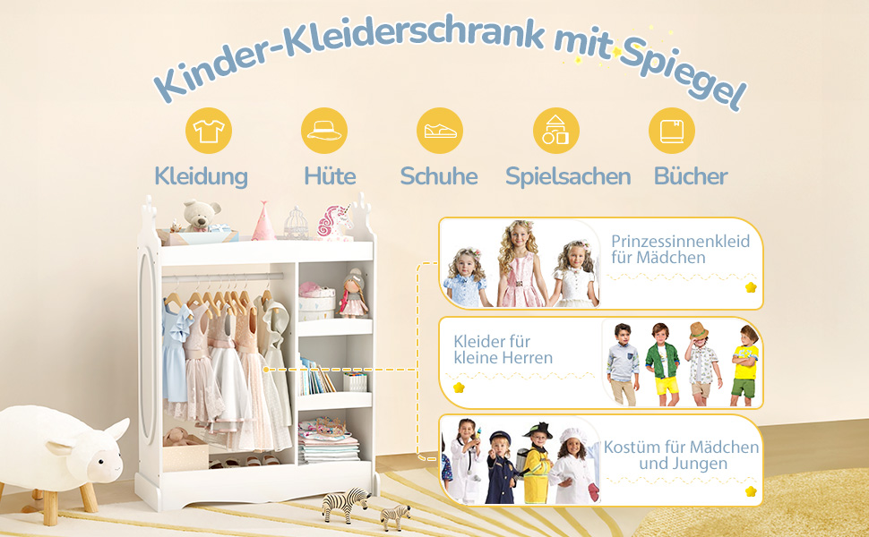 Дитяча шафа LUE BONA з дзеркалом та штангою, 3 гачками та відкритими полицями, 85 x 34 x 112 см, білий колір