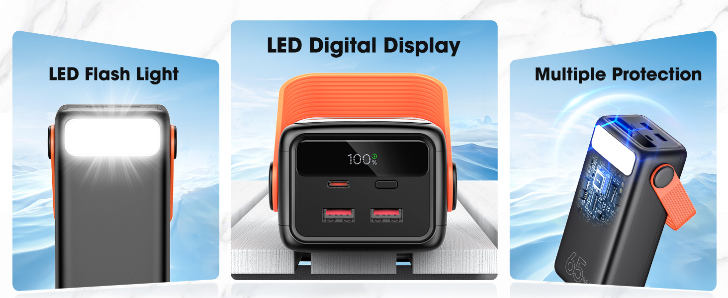 Power Bank 60000mAh 65W з 3 виходами USB-C: портативний зарядний акумулятор для ноутбука, смартфона, планшета (чорний)