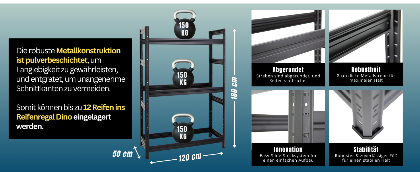 Стелаж для шин PROREGAL Dino, 180x120x50 см, чорний, до 12 шин, вантажопідйомність 150 кг | для гаража, підвалу, майстерні