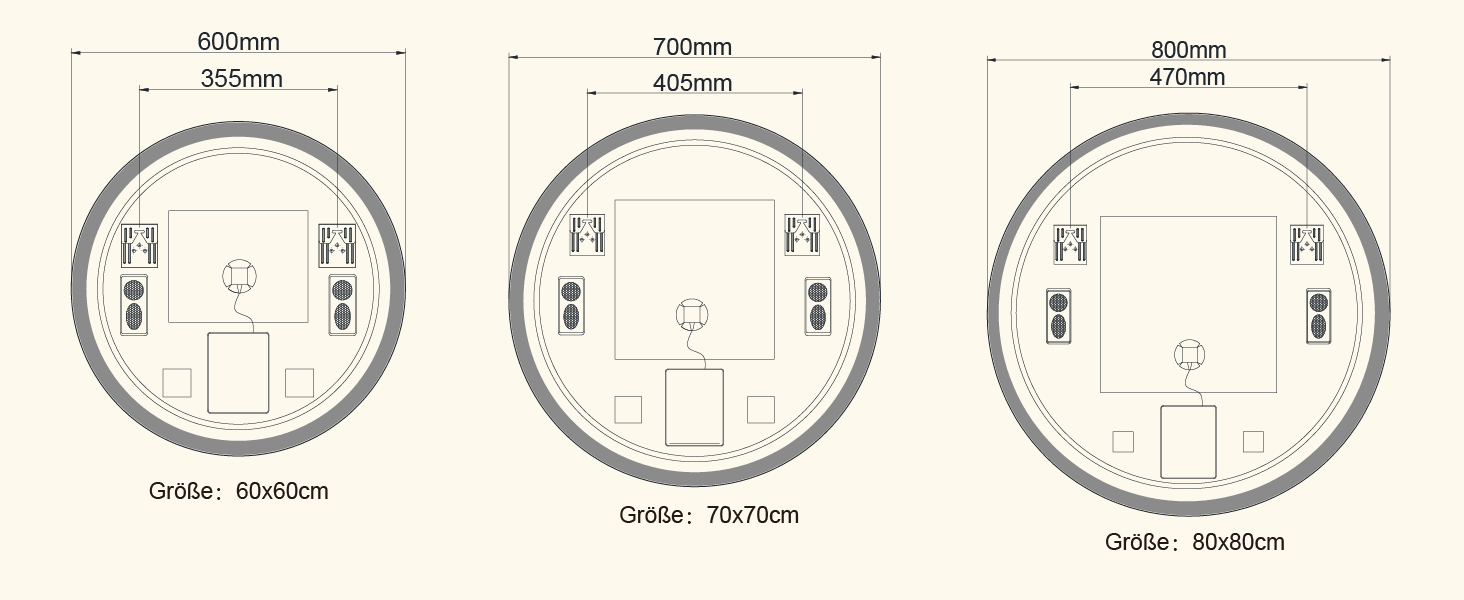 Дзеркало для ванної кімнати з підсвічуванням LED, кругле, 50 см, сенсорне керування, регулювання яскравості, функція пам'яті, захисне скло HD, захист від вибуху, Bluetooth, антизапар, металевий каркас, 60x60 см