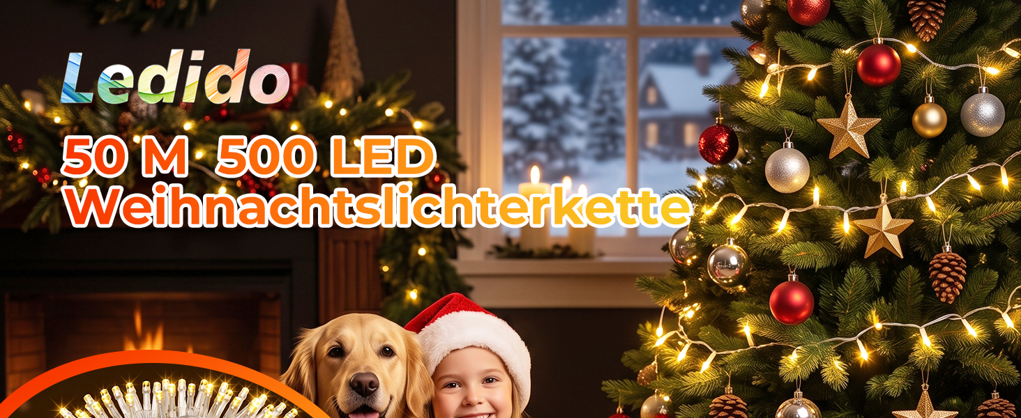 Світлодіодна гірлянда 50м 500 LED теплий білий колір, водонепроникна з димером та 8 режимами роботи, прозорий дріт для вулиці та дому