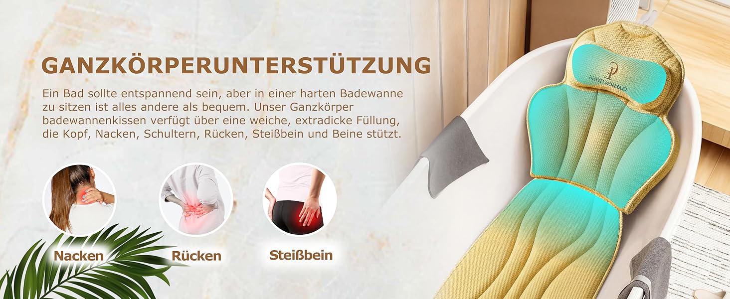 Подушка для ванни повне тіло (152x56 см) з підголівником (11 см) - підтримка шиї, спини та ніг - бежева. З сумкою для прання та подорожей, гачком для сушіння.