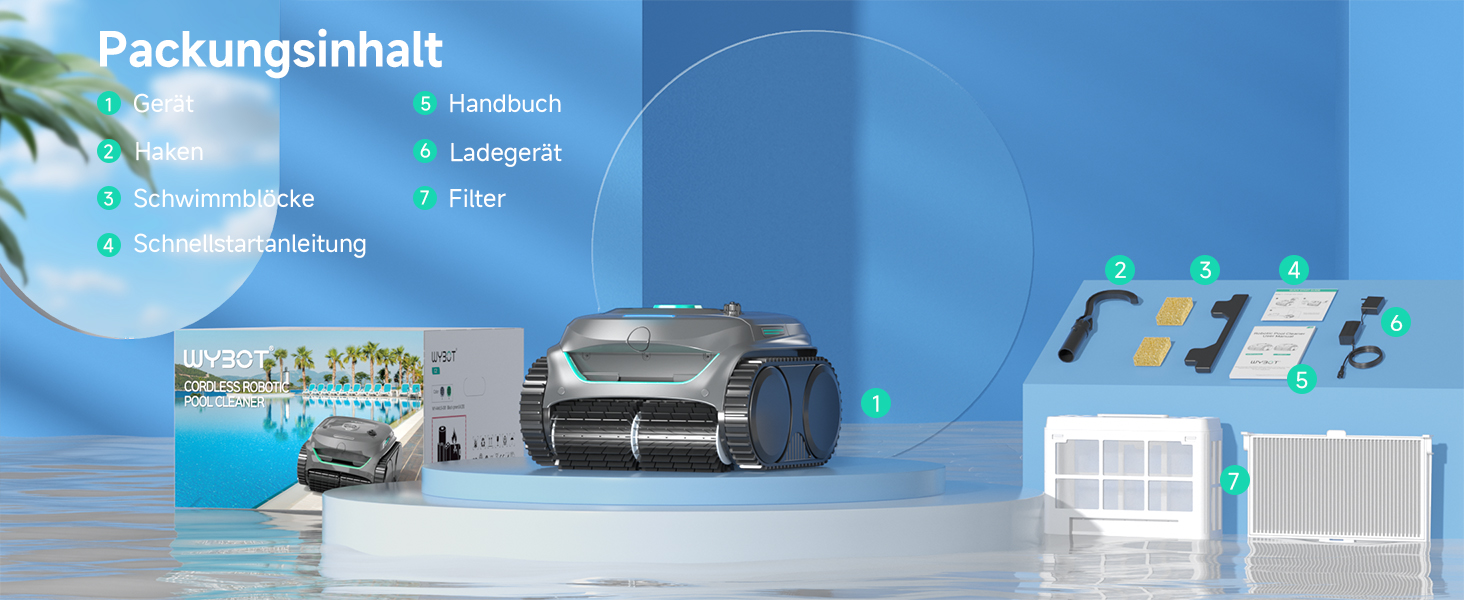 Робот-пилосос для басейну WYBOT C2: акумуляторний, для вбудованих басейнів до 150㎡, подвійне фільтрування, потужний мотор, чистка дна та стін, 180 хвилин роботи, керування через додаток (чорно-зелений-сірий)